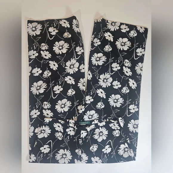 Lauren Ralph Lauren Womens Pants Size 10P Black White Floral Wide Leg High Rise - Picture 5 of 7